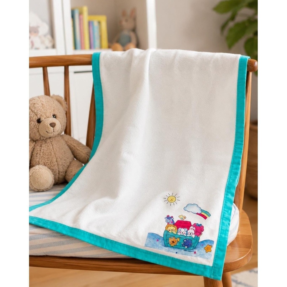 Vintage Riegel Baby Blanket White Teal Noah's Ark 36x45 USA 1994